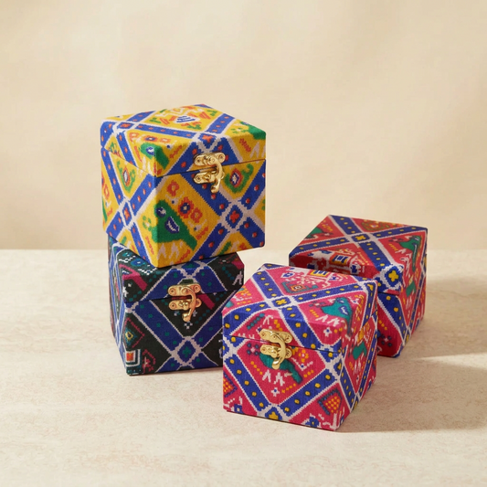 Patola Print Jewelry & Gift Box with Latch | Decorative Fabric Keepsake Box & Wedding Favor Trunk | Table Decoration for Gifting