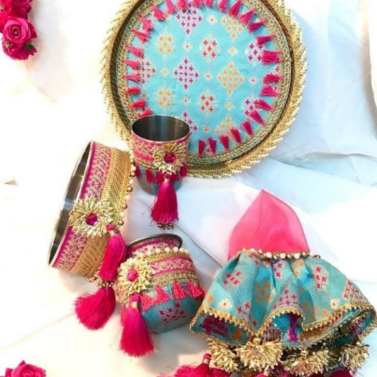 Pink and Blue Patola Karwachauth Thali Set