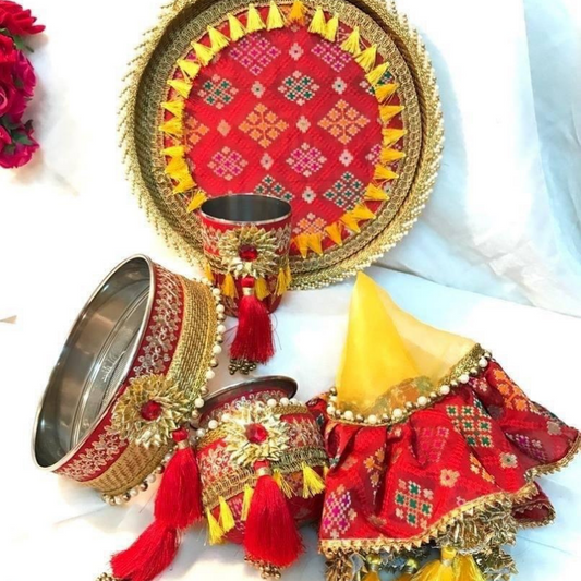 Red and Yellow Patola Karwachauth Thali Set