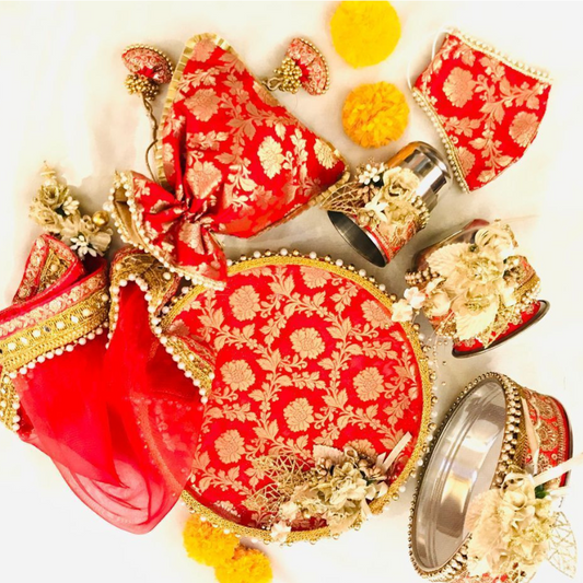 Red Brocade Karwachauth with all white floral and Pearl decoration