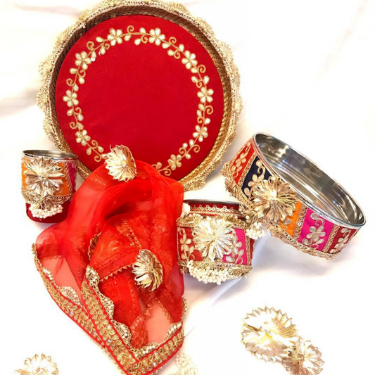 Gotta Pati Flowers on Red Karwachauth Thali Set