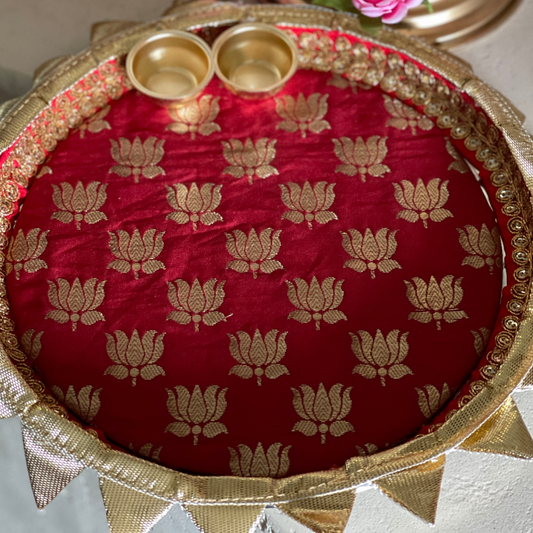 Elegant 8-inch steel Aarthi thali covered with Red fabric